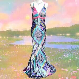 Multicolored silky 90s paisley print formal dress